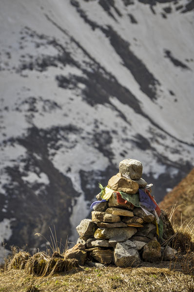 Cairn with prayer flags,Annapurna Base Camp,Nepal, Asia