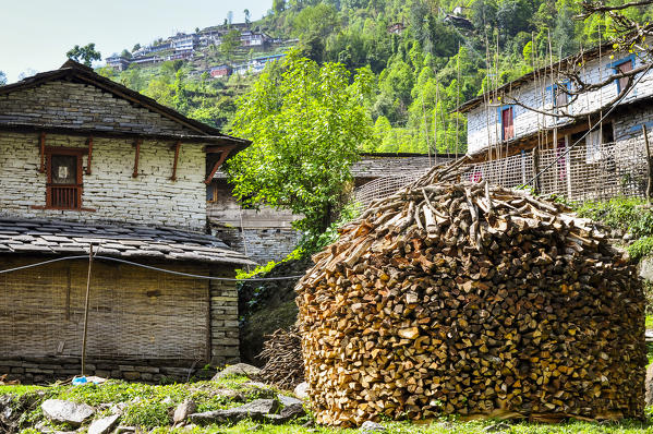 A typical house with a wooden stack at Chomrong,Annapurna region,Nepal, Asia