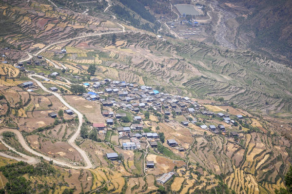 Small village between cultivated fields in Rasuwa district, Bagmati region,Nepal,Asia
