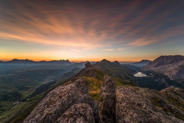 Dolomites,Trentino,Italy,Veneto,Fassa valley.
Sunrise towards Fedaia lake