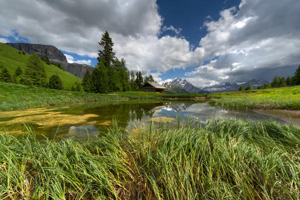 Europe,Italy,Dolomites,Trentino,Fassa valley.
Marmolada reflected on a water surface