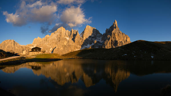 Europe,Dolomites,Italy,Trentino,Fiemme valley,Pale San Martino.
Mountain hut at sunset