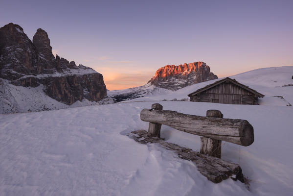 Europe,Italy,Dolomites,Alto Adige,Gardena Valley.
Sunrise on the Sassolungo, Dolomites