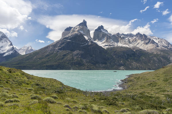 Nordenskjold Lake, Paine Horns and Cerro Paine in summer. Torres del Paine National Park, Ultima Esperanza province, Magallanes region, Chile.