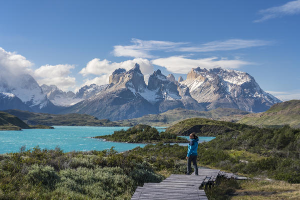 Woman standing on a boardwalk with Lake Pehoé and Paine Horns in the background, on a windy summer day. Torres del Paine National Park, Ultima Esperanza province, Magallanes region, Chile.