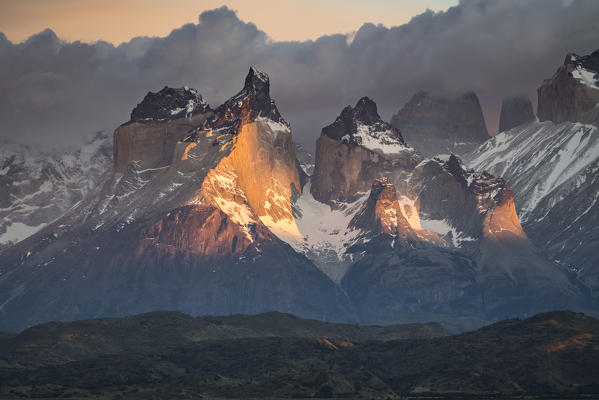 Paine Horns at dawn. Torres del Paine National Park, Ultima Esperanza province, Magallanes region, Chile.