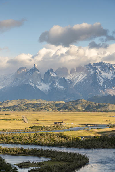Serrano River, with Paine Horns, Cerro Paine and Paine Towers in the background, in summer. Torres del Paine National Park, Ultima Esperanza province, Magallanes region, Chile.