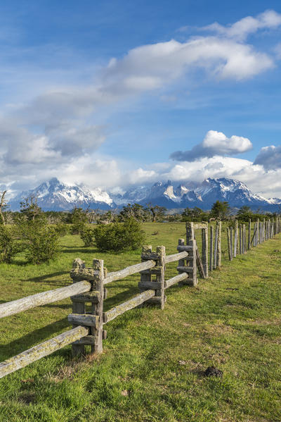 Fence with Paine Horns, Cerro Paine and Cerro Paine Grande in the background in summer. Torres del Paine National Park, Ultima Esperanza province, Magallanes region, Chile.