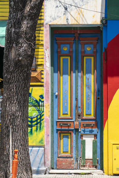 Multi coloured door and facade. El Caminito Street, La Boca district, Buenos Aires, Argentina.