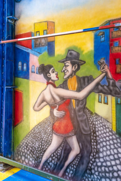 Painting of a couple tango dancing. El Caminito Street, La Boca district, Buenos Aires, Argentina.