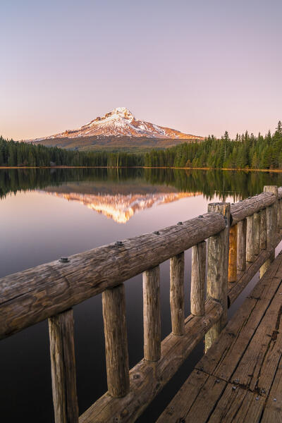 Mt Hood reflecting on Trillium Lake at sunset. Government Camp, Clackamas county, Oregon, USA.