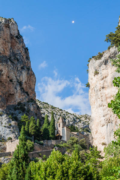 France, Provence, near Gorges du Verdon, Moustier-Sainte-Marie,medieval church located in the mountain top
