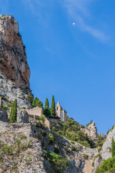 France, Provence, near Gorges du Verdon, Moustier-Sainte-Marie,medieval church located in the mountain top
