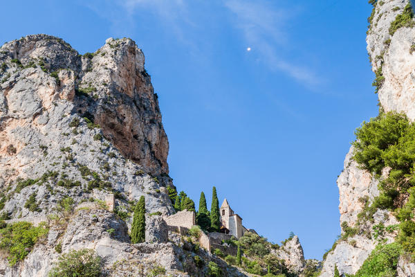 France, Provence, near Gorges du Verdon, Moustier-Sainte-Marie,medieval church located in the mountain top