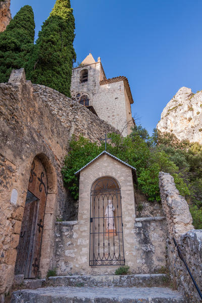 France, Provence, near Gorges du Verdon, Moustier-Sainte-Marie,medieval church located in the mountain top
