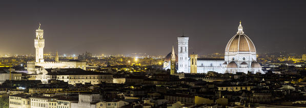 Santa Maria del Fiore cathedral and Palazzo Vecchiol at night. Florence, Tuscany, Italy.