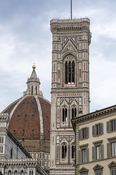 Giotto's bell tower and Brunelleschi's dome of Santa Maria del Fiore cathedral, Florence, Tuscany, Italy.