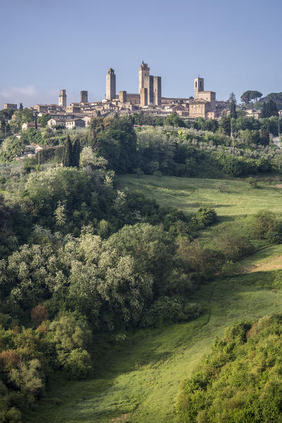View of the town of San Gimignano. Orcia Valley, Siena district, Tuscany, Italy.