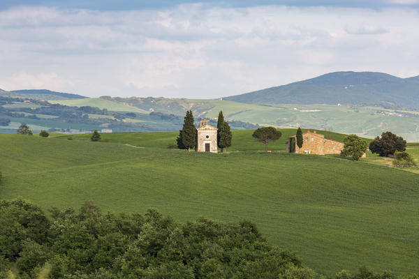 Madonna di Vitaleta chapel, San Quirico d'Orcia. Orcia Valley, Siena district, Tuscany, Italy.