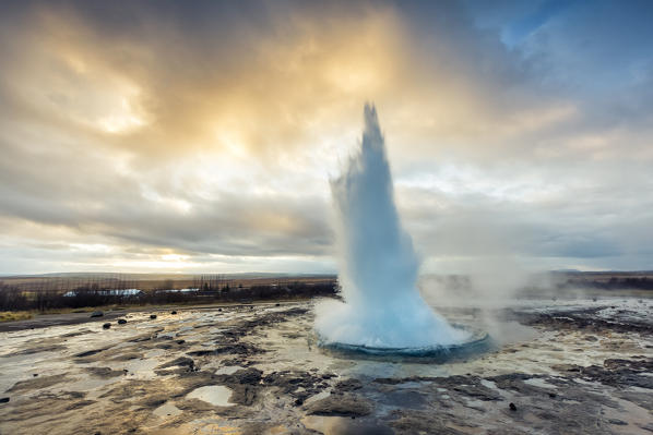 Strokkur Geyser eruption at dawn, Haukadalur Geothermal Area, Haukadalur, Arnessysla, Sudurland, Iceland, Europe