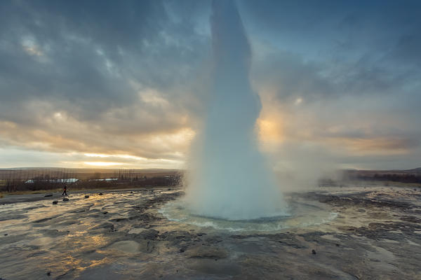 Strokkur Geyser eruption at dawn, Haukadalur Geothermal Area, Haukadalur, Arnessysla, Sudurland, Iceland, Europe
