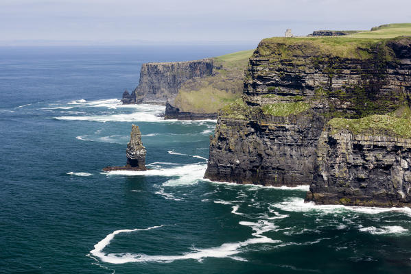 O'Brien's Tower and Breanan Mór rock. Cliffs of Moher, Liscannor, Munster, Co.Clare, Ireland, Europe.