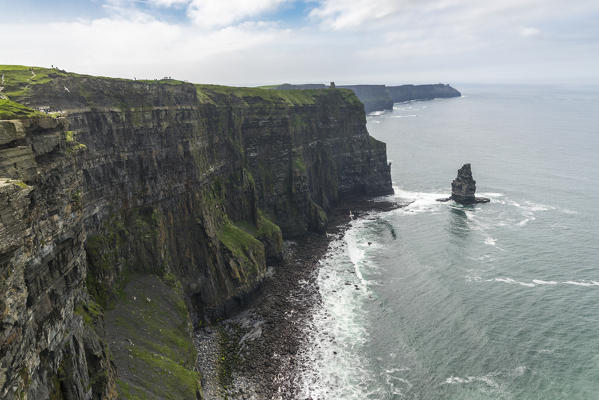 Breanan Mór rock, Giant Cave and O'Brien's Tower. Cliffs of Moher, Liscannor, Munster, Co.Clare, Ireland, Europe.
