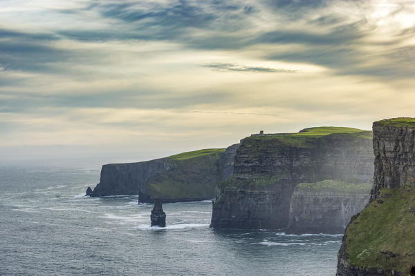 O'Brien's Tower and Breanan Mór rock. Cliffs of Moher, Liscannor, Munster, Co.Clare, Ireland, Europe.