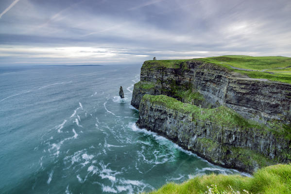O'Brien's Tower and Breanan Mór rock. Cliffs of Moher, Liscannor, Munster, Co.Clare, Ireland, Europe.