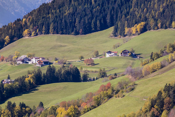 Autumnal landscape. Santa Maddalena, Val di Funes, Bolzano, Trentino Alto Adige - Sudtirol, Italy, Europe.