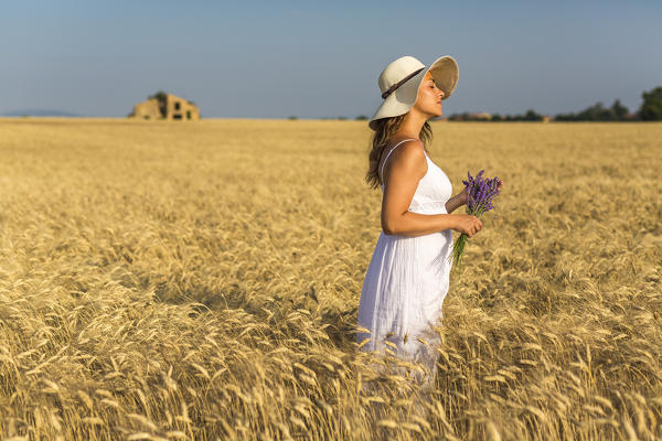 Woman with hat and lavender in hands in a wheat field. Plateau de Valensole, Alpes-de-Haute-Provence, Provence-Alpes-Cote d'Azur, France, Europe.