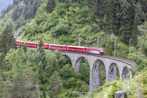 Red Bernina Express train, Filisur, Graubunden, Switzerland
