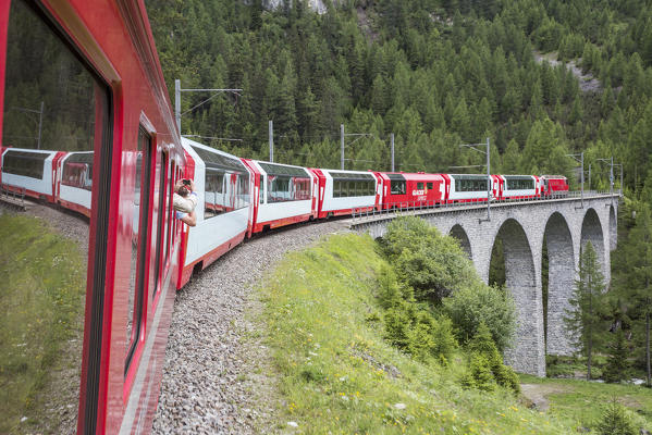 Red train Bernina Express, Graubunden, Switzerland