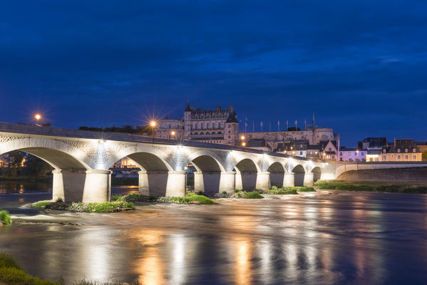 Nightscape with bridge and castle. Amboise, Indre-et-Loire, France.