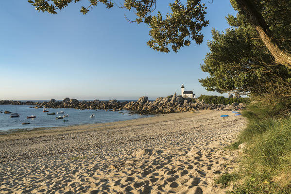 Sand beach and Pontusval lighthouse. Brignogan Plage, Finistère, Brittany, France.