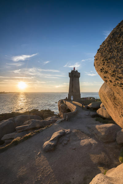 Ploumanach lighthouse at sunset. Perros-Guirec, Côtes-d'Armor, Brittany, France.