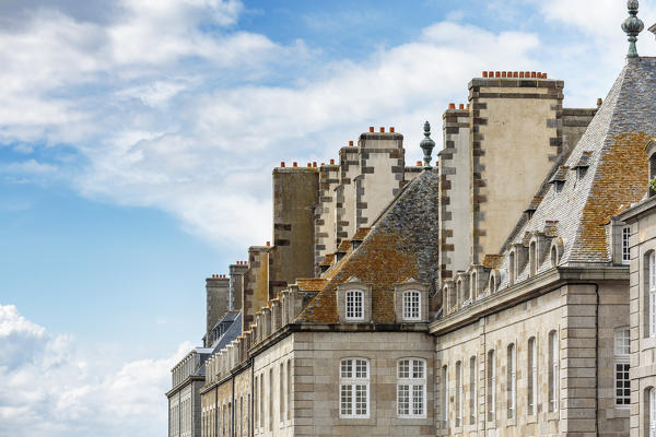 Detail of chimneys and roofs. Saint-Malo, Ille-et-Vilaine, Brittany, France.