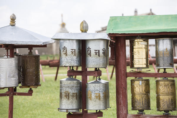 Prayer wheels in the gardens of Erdene Zuu Buddhist monastery. Harhorin, South Hangay province, Mongolia.