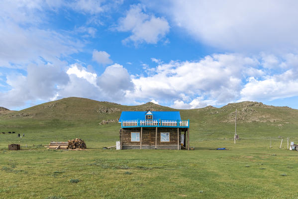 Wooden house in White Lake National Park. Tariat district, North Hangay province, Mongolia.