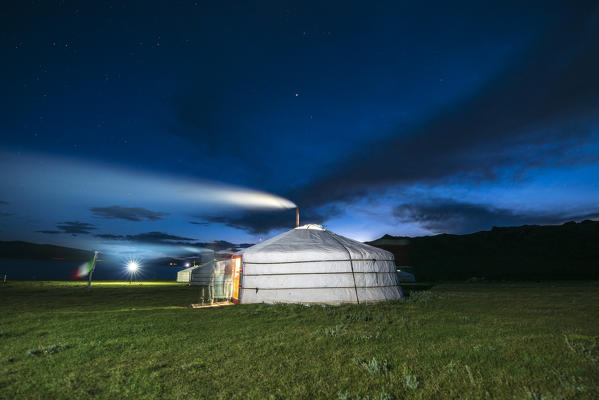 Mongolian ger camp shot at night. Tariat district, North Hangay province, Mongolia.