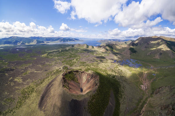 Aerial vew of Khorgo volcano crater. Tariat district, North Hangay province, Mongolia.