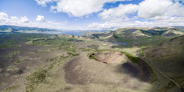 Aerial vew of Khorgo volcano crater. Tariat district, North Hangay province, Mongolia.