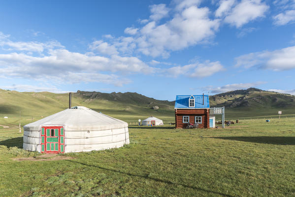 Family ger camp on the shores of White Lake. Tariat district, North Hangay province, Mongolia.