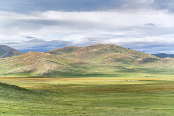 Mongolian nomadic gers in the steppe. North Hangay province, Mongolia.