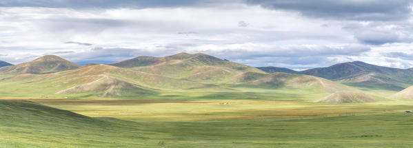 Mongolian nomadic gers in the steppe. North Hangay province, Mongolia.