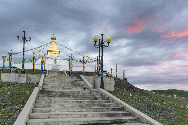 Stairs to the Ovoo above Amarbayasgalant Monastery at sunset. Mount Buren-Khaan, Baruunburen district, Selenge province, Mongolia.