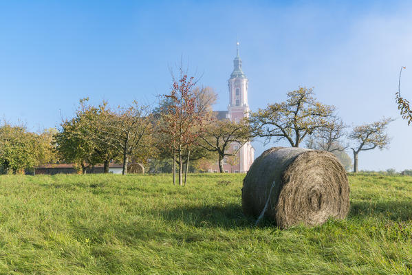 Bale of hay and Birnau sanctuary in the foreground. Uhldingen-Mühlhofen, Baden-Württemberg, Germany.