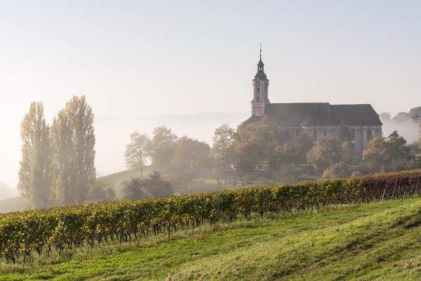 Birnau sanctuary surrounded by the mist. Uhldingen-Mühlhofen, Baden-Württemberg, Germany.