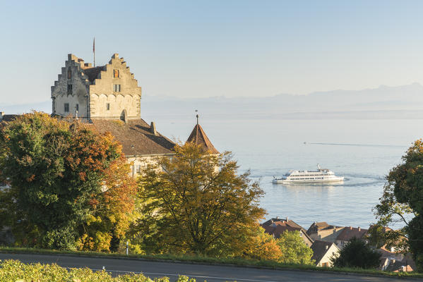 Ferry-boat cruising on Lake Constance. and the Old castle. Meersburg, Baden-Württemberg, Germany.