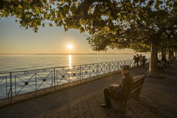 Man reading sitting on a bench on the promenade on Lake Constance. Meersburg, Baden-Württemberg, Germany.